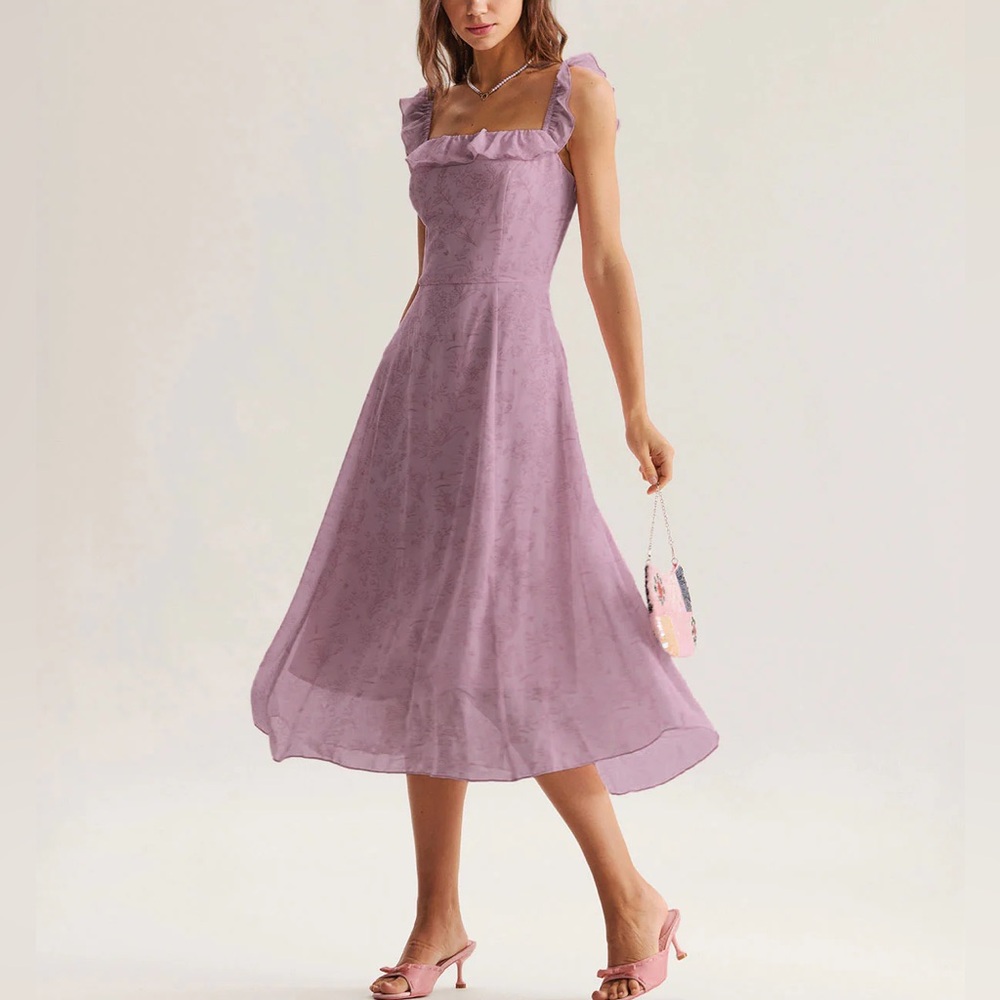 Rihoas Purple Floral Square Neck Ruffle Slip Midi Dress - Picture 4 of 10